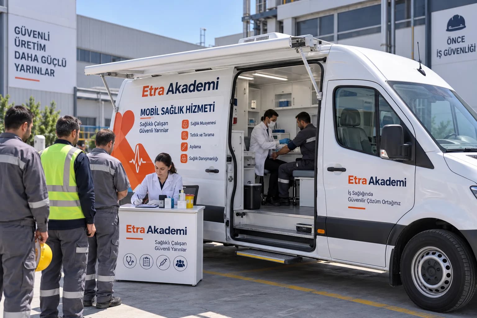 Fabrika sahasında çalışanlara hizmet veren mobil sağlık aracı