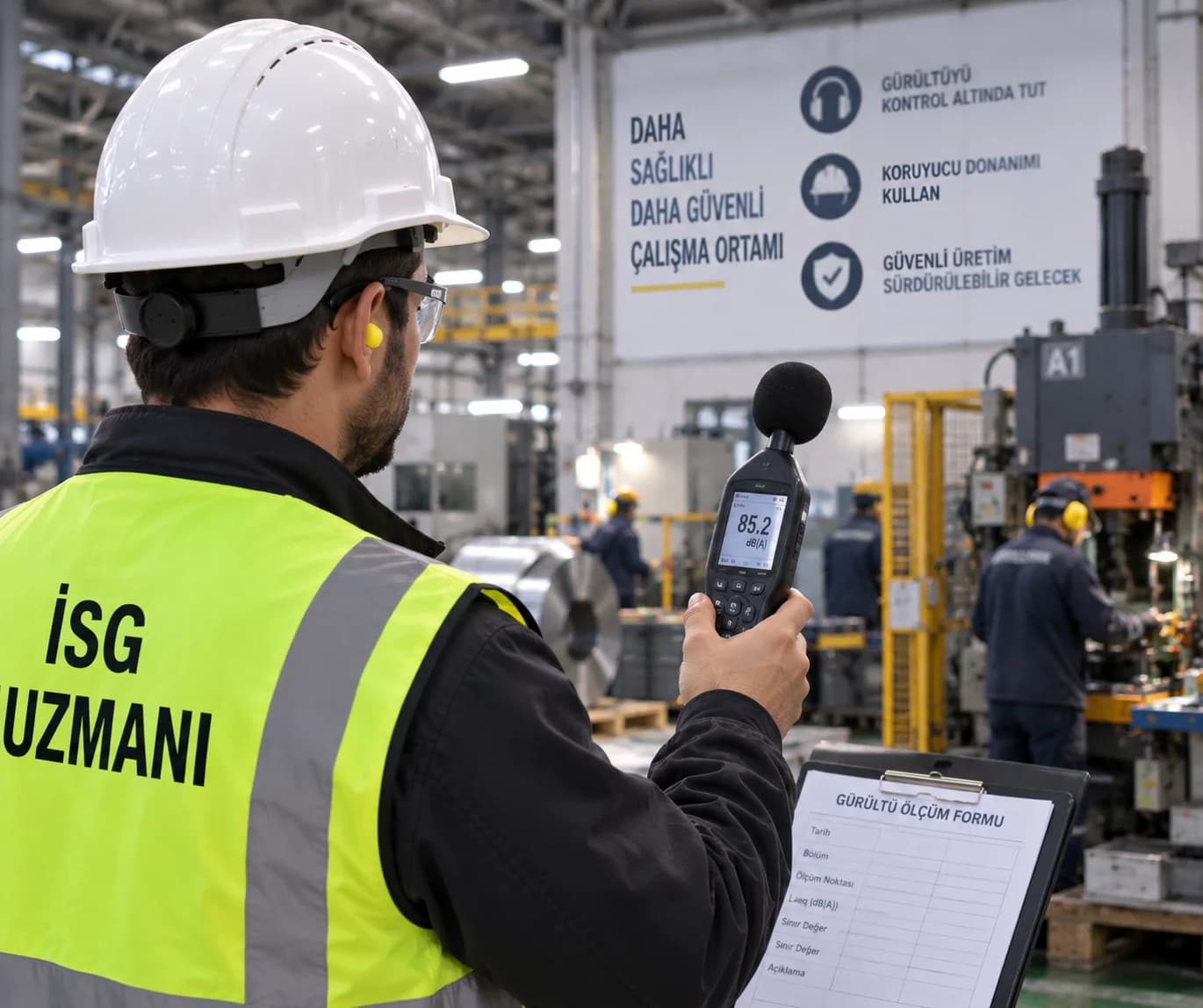 Fabrika ortamında profesyonel ses ölçüm cihazıyla gürültü ölçümü yapan uzman