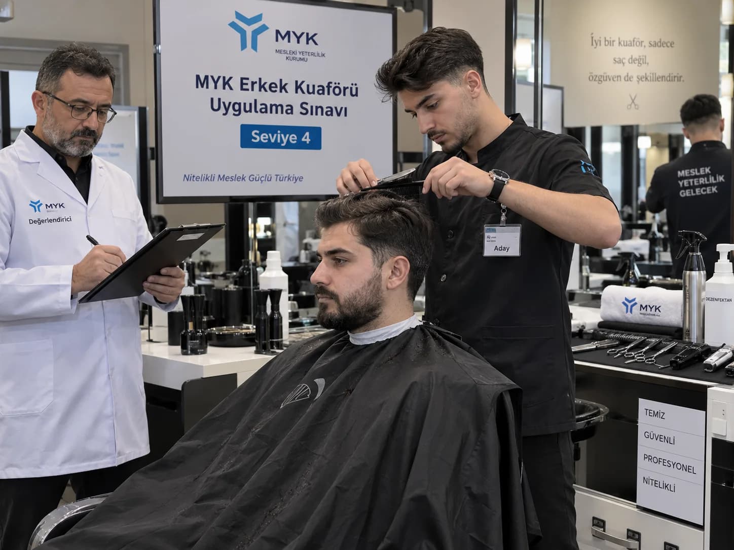 Erkek Kuaförü Seviye 4 MYK uygulama sınavında model üzerinde saç kesimi ve tıraş işlemi yapan aday